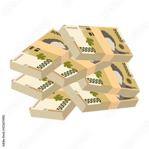 South Korean Won Vector Illustration. South Korea money set bundle banknotes. Paper money 50000 KRW. Flat style. Isolated on white background. Simple minimal design.