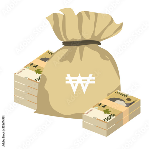 South Korean Won Vector Illustration. South Korea money set bundle banknotes. Money bag 50000 KRW Flat style. Isolated on white background. Simple minimal design.