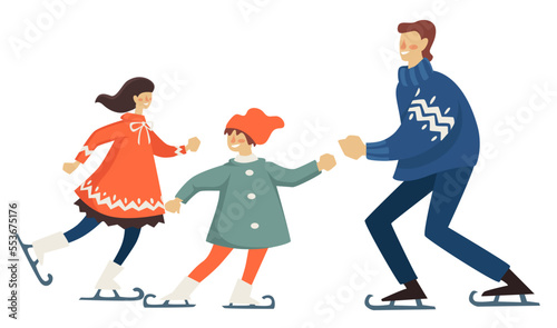 Father and mother ice skating with kid, family vacation
