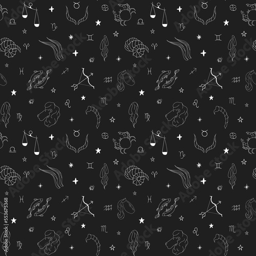 Seamless pattern of all 12 zodiac signs such as taurus, capricornus, virgo , leo, aries, sagittarius, libra, aquarius, gemini, pisces, cancer and scorpius on dark background.