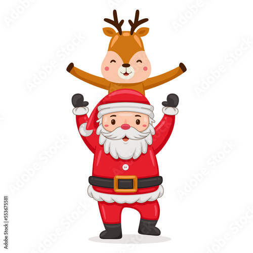 Cute Santa Claus with deer in cartoon style illustration