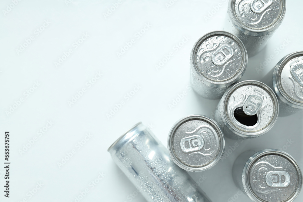 Concept of drink, blank cans, space for text Concept of drink, blank cans, space for text