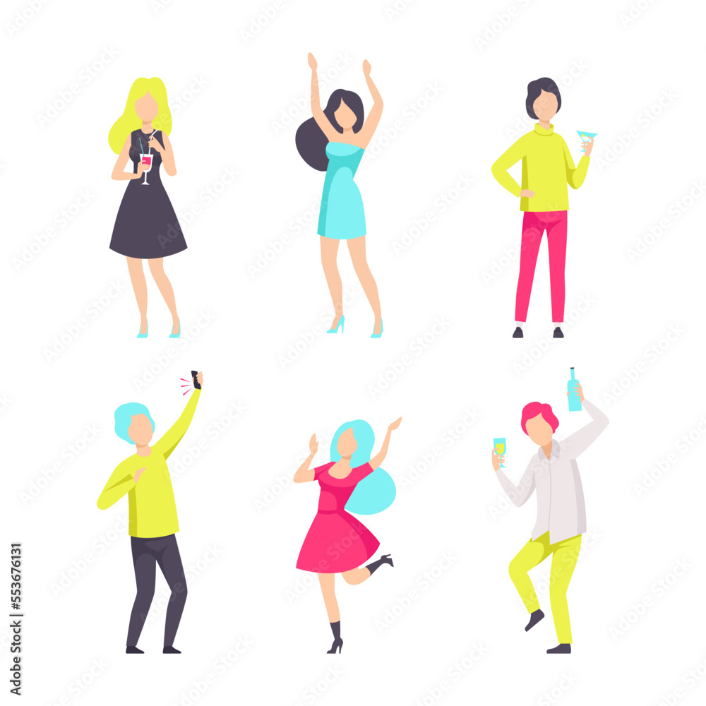 People Characters at Bar or Pub with Alcoholic Cocktail and Drinks Having Rest Vector Set