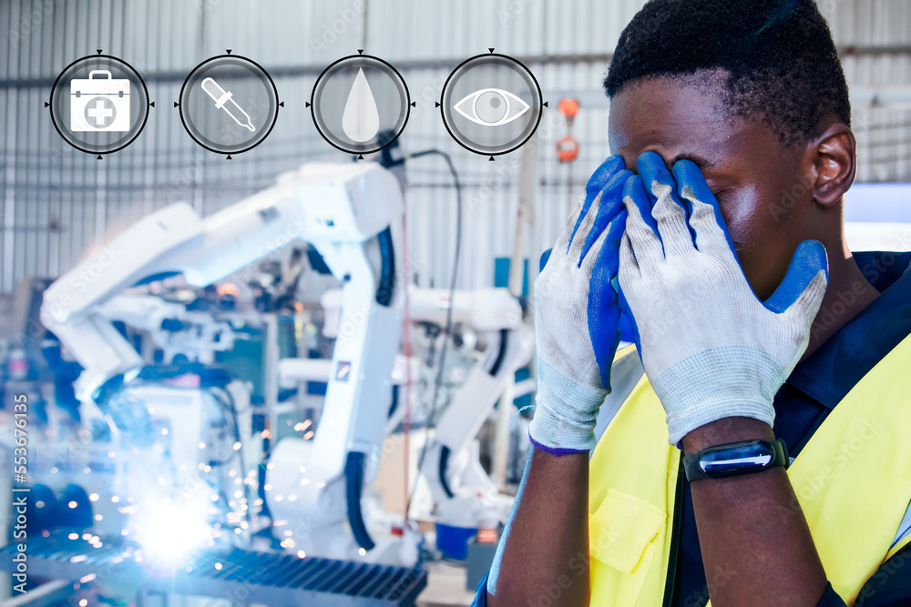 African american male worker staring at glare during steel welding, eye