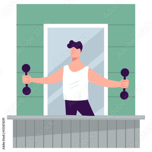 Man exercising on balcony, male with dumbbells loosing weight