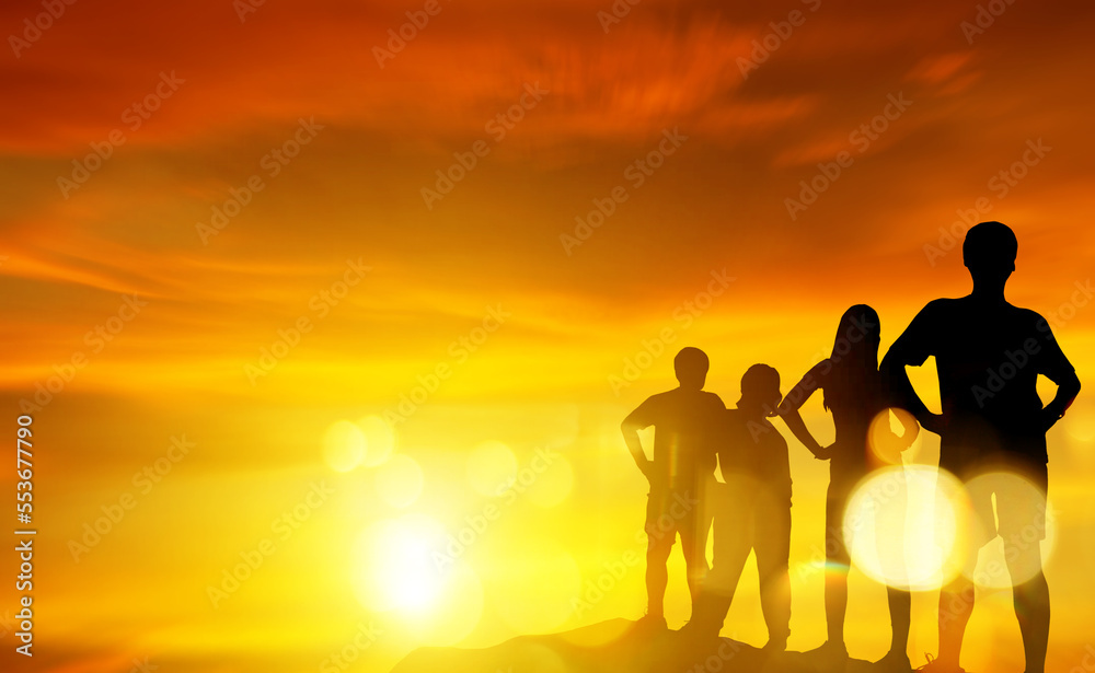 Silhouette family sports : Elderly parents and son and daughter exercising health care healthy warm up exercise rotate your waist joyful and happy. Exercise at sunset: