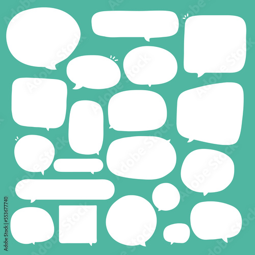 Set of speak bubble text, chatting box, message box outline cartoon illustration design. Balloon doodle style of thinking sign symbol. color cute and lovely chat speech sticker. box, text, dialog, art