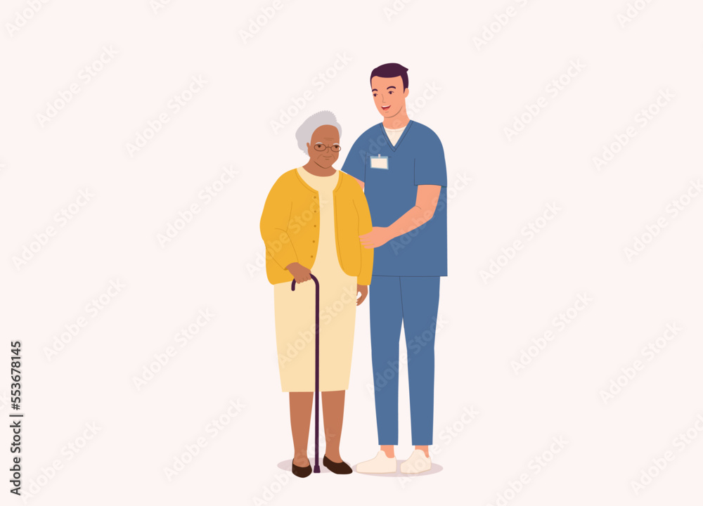 Smiling White Male Nurse With Medical Scrubs Helping A Black Senior Woman. Full Length. Flat Design Style, Character, Cartoon. Smiling White Male Nurse With Medical Scrubs Helping A Black Senior Woman. Full Length. Flat Design Style, Character, Cartoon.