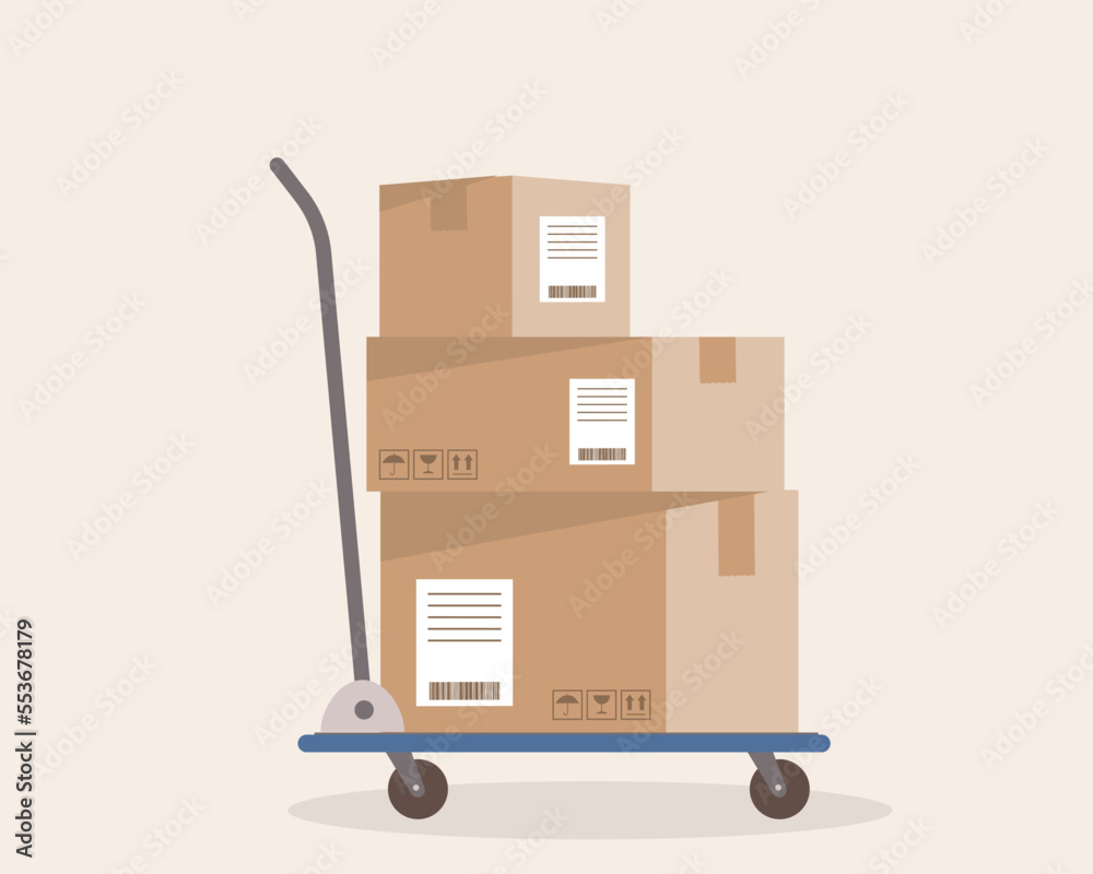 Side View Of A Hand Truck Loaded With A Stack Of Delivery Boxes.