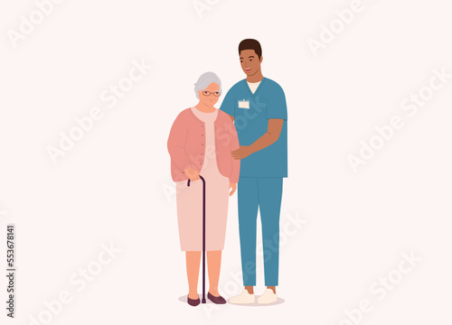 Smiling Black Male Nurse With Medical Scrubs Helping A White Senior Woman. Full Length. Flat Design Style, Character, Cartoon.