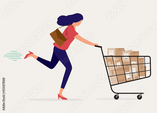 One Young Woman Running Fast While Pushing Shopping Cart Loaded With Delivery Boxes. Full Length. Flat Design Style, Character, Cartoon.