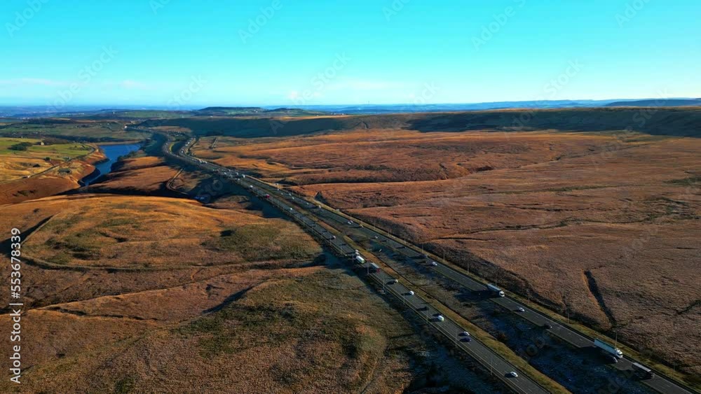 Aerial View of the M62 Motorway Ripponden near Windy Hill Oldham, On