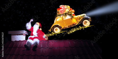 Santa Claus and Flying Christmas car with gifts on night background.
