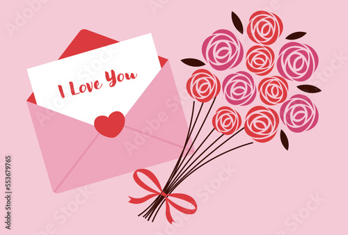 Valentine's Day vector background with a bouquet of roses and love letter for banners, cards, flyers, social media wallpapers, etc.