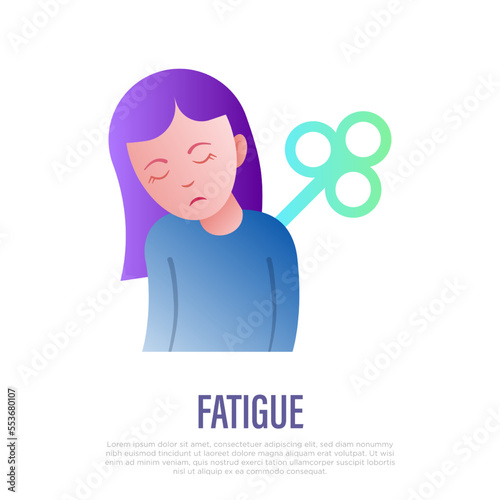 Fatigue, tiredness, apathy gradient flat icon. Tired girl with clockwork on the back. Post-covid syndrome. Vector illustration.