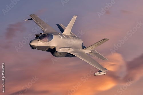 F35 modern fifth generation Fighter jet with missiles on way to combat mission. Modern fighter jets and Airforce pilots. Air defence fighter jet. Israeli IDF, NATO