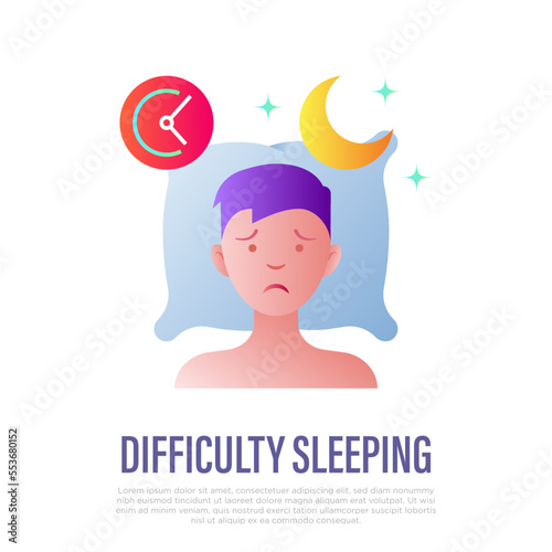 Insomnia: tired man lying on pillow, sleepless, depression, stress. Flat gradient icon. Vector illustration.