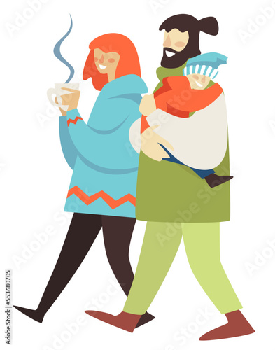 Mom and dad walking with kid drinking hot beverage