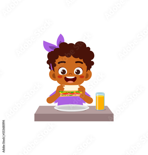 little kid eating sandwich and feel happy