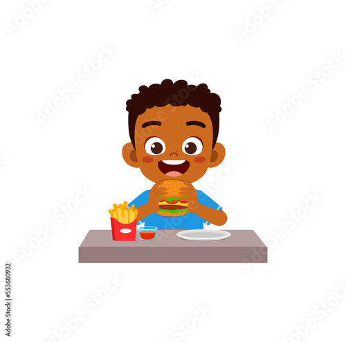 little kid eat hamburger and feel happy