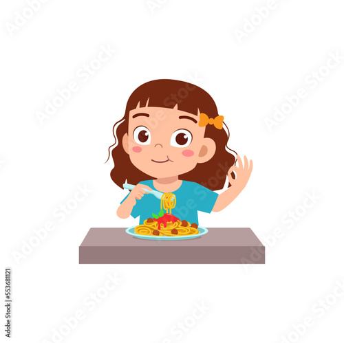 little kid eat spaghetti and feel happy
