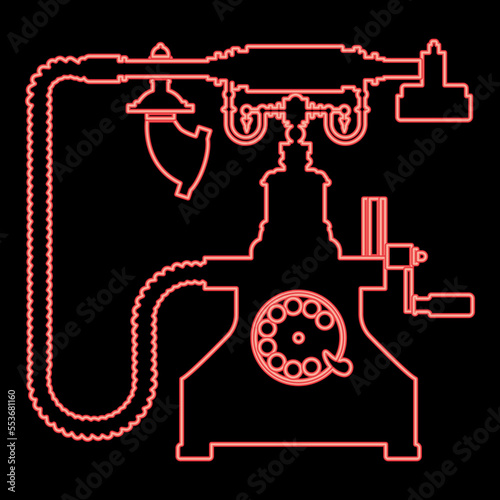 Neon vintage telephone retro rotary plate Antique phone Old phone Retro phone Rarity telephone Vintage phone Antique telephone Rarity phone red color vector illustration image flat style