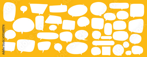 Set of speak bubble text, chatting box, message box outline cartoon illustration design. Balloon doodle style of thinking sign symbol. color cute and lovely chat speech sticker. box, text, dialog, art