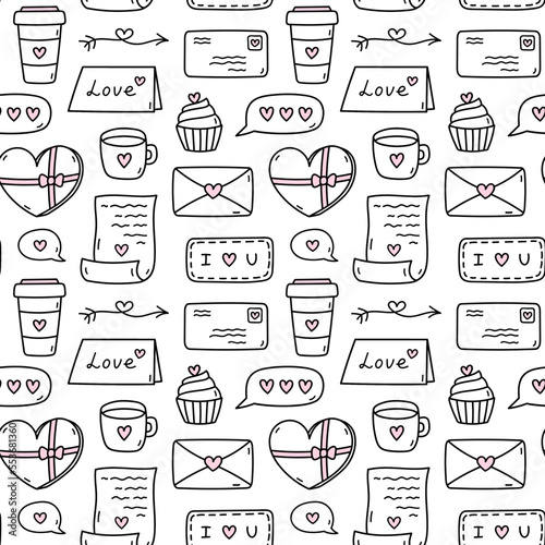 Cute seamless pattern for Valentines Day with arrows, love letters, envelopes, cupcakes, chocolates and coffee. Vector hand-drawn doodle illustration. Perfect for holiday designs, decor, wrapping.
