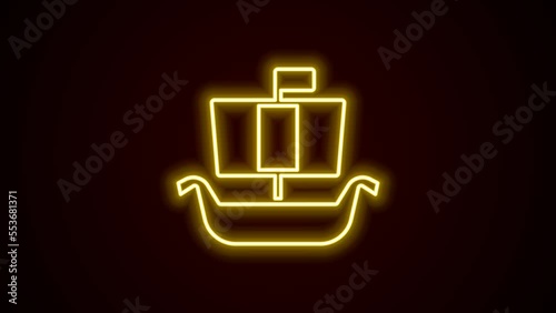 Glowing neon line Ancient viking scandinavian drakkar icon isolated on black background. Viking transport ship. 4K Video motion graphic animation
