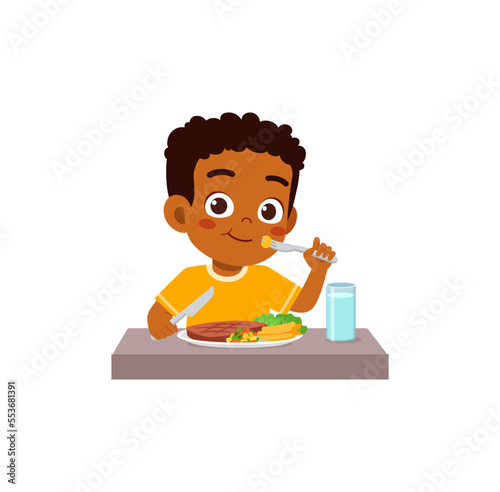 little kid eat meat steak and feel happy