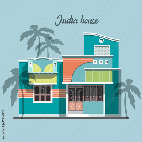House with palm tree India flat vector illustration. A house with several floors in India on a neutral background with palm trees.