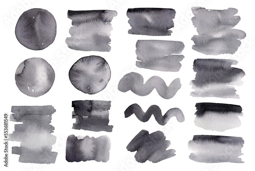 Set of abstract watercolor stains and brushstrokes of black colors isolated on white background. Round and rectangular paint spots. Perfect for decorations, cards, various designs.