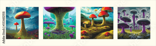 Surreal rowing landscape vector illustration. Alien planet surface environment. Enchanted forest with mushrooms and magic. Set of four square posters