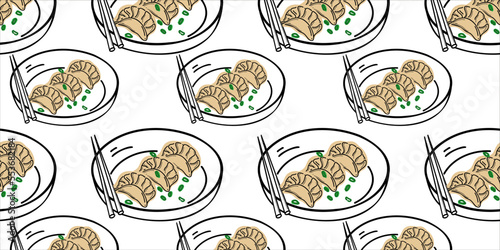 Seamless pattern with Chinese, Japanese and Korean dumplings on a plate . Vector illustration