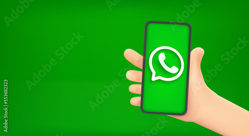 Man holding smartphone with messenger app. Vector banner with copy space