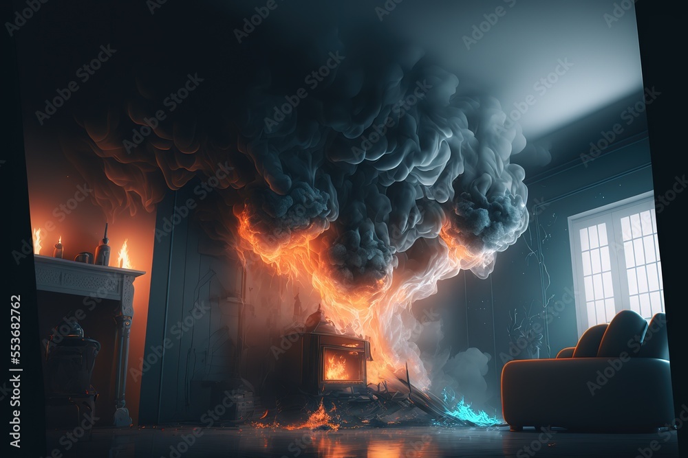 Fire flames engulfed the house and clouds of black smoke inside a
