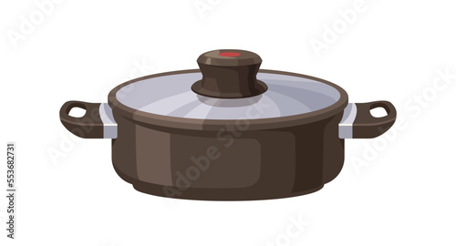Stewpot, non-stick kitcheware for cook. Stewpan covered with lid. Kitchen stew pot. Cooking culinary appliance, cookware. Flat vector illustration isolated on white background