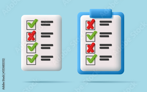 Checklist 3d icon with file and folder with paper and chek marks and crosses © YarM