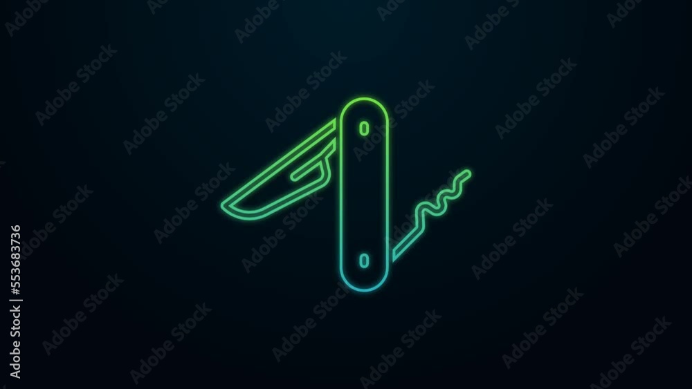 Glowing neon line Swiss army knife icon isolated on black background. Multi-tool, multipurpose penknife. Multifunctional tool. 4K Video motion graphic animation Glowing neon line Swiss army knife icon isolated on black background. Multi-tool, multipurpose penknife. Multifunctional tool. 4K Video motion graphic animation