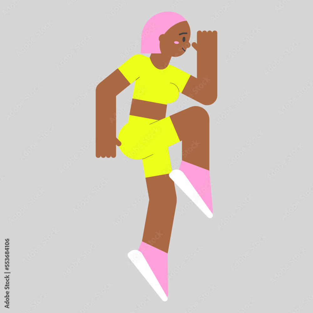 Woman in gym doing jump exercise. Flat female character at functional training workout in trendy neon sportwear suit. Minimal vector illustration for healthy graphic design.