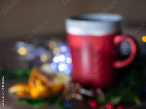 Cup of tea. Blurred, out of focus. Christmas.