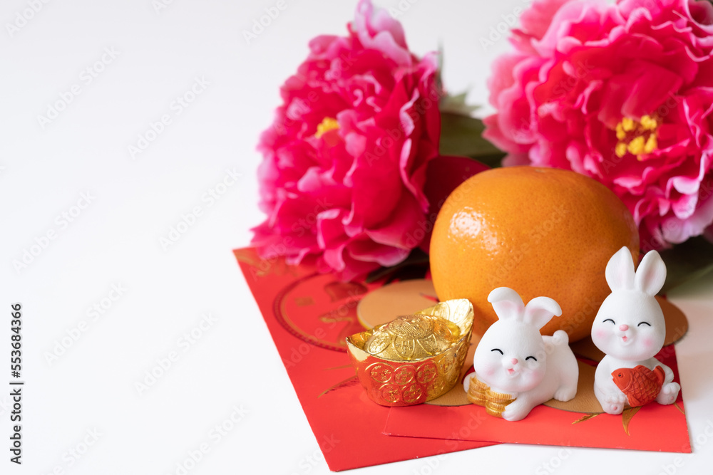 Chinese New Year of the rabbit festival concept. Oorange, red envelopes, two rabbits and gold ingot decorated with plum blossom on white background. Chinese New Year of the rabbit festival concept. Oorange, red envelopes, two rabbits and gold ingot decorated with plum blossom on white background.