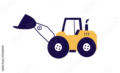 Cute tractor with ladle, dipper. Construction vehicle toy in Scandinavian sty...