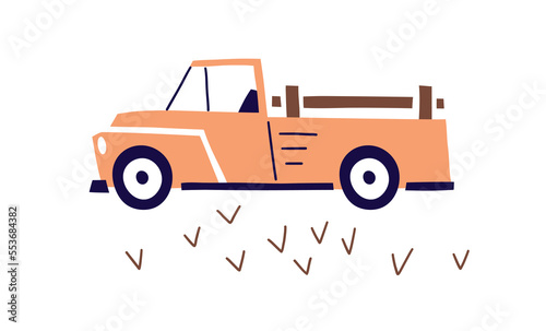 Pickup car, auto in Scandinavian style. Cute childish automobile. Kids road w...