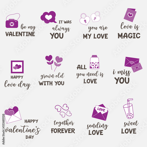 Valentine`s day typography for greeting cards, gifts, decorative stickers, scrapbook stickers, planner stickers and more.