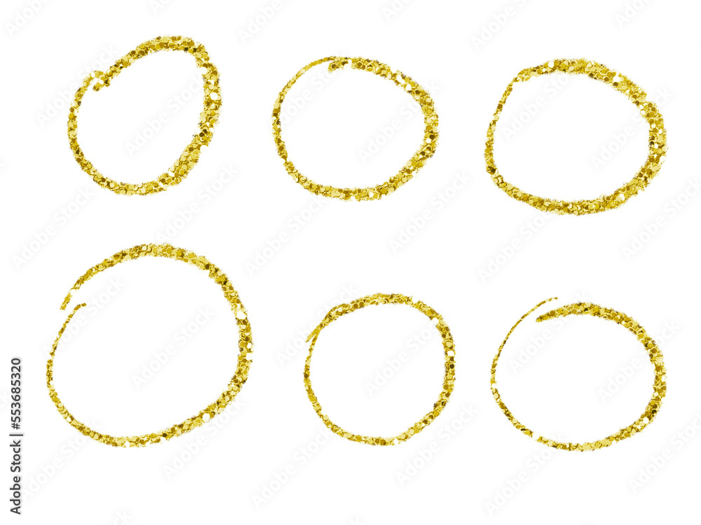 Set of gold sketched circles, hand drawn circular shapes with glitter texture, isolated object with transparent background Set of gold sketched circles, hand drawn circular shapes with glitter texture, isolated object with transparent background