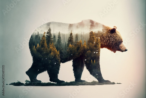 Double exposure of a wild brown bear and a pine forest