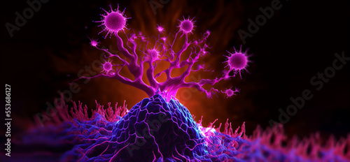 Tumor microenvironment concept with cancer cells, T-Cells, nanoparticles, cancer associated fibroblast layer of tumor microenvironment normal cells, molecules, and blood vessels 3d rendering