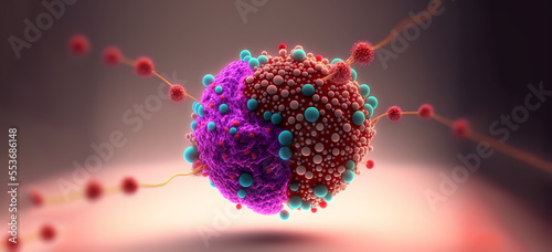 Tumor microenvironment concept with cancer cells, T-Cells, nanoparticles, cancer associated fibroblast layer of tumor microenvironment normal cells, molecules, and blood vessels 3d rendering