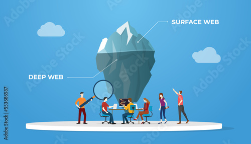 people work analysis for dark web on computer with iceberg with modern flat style